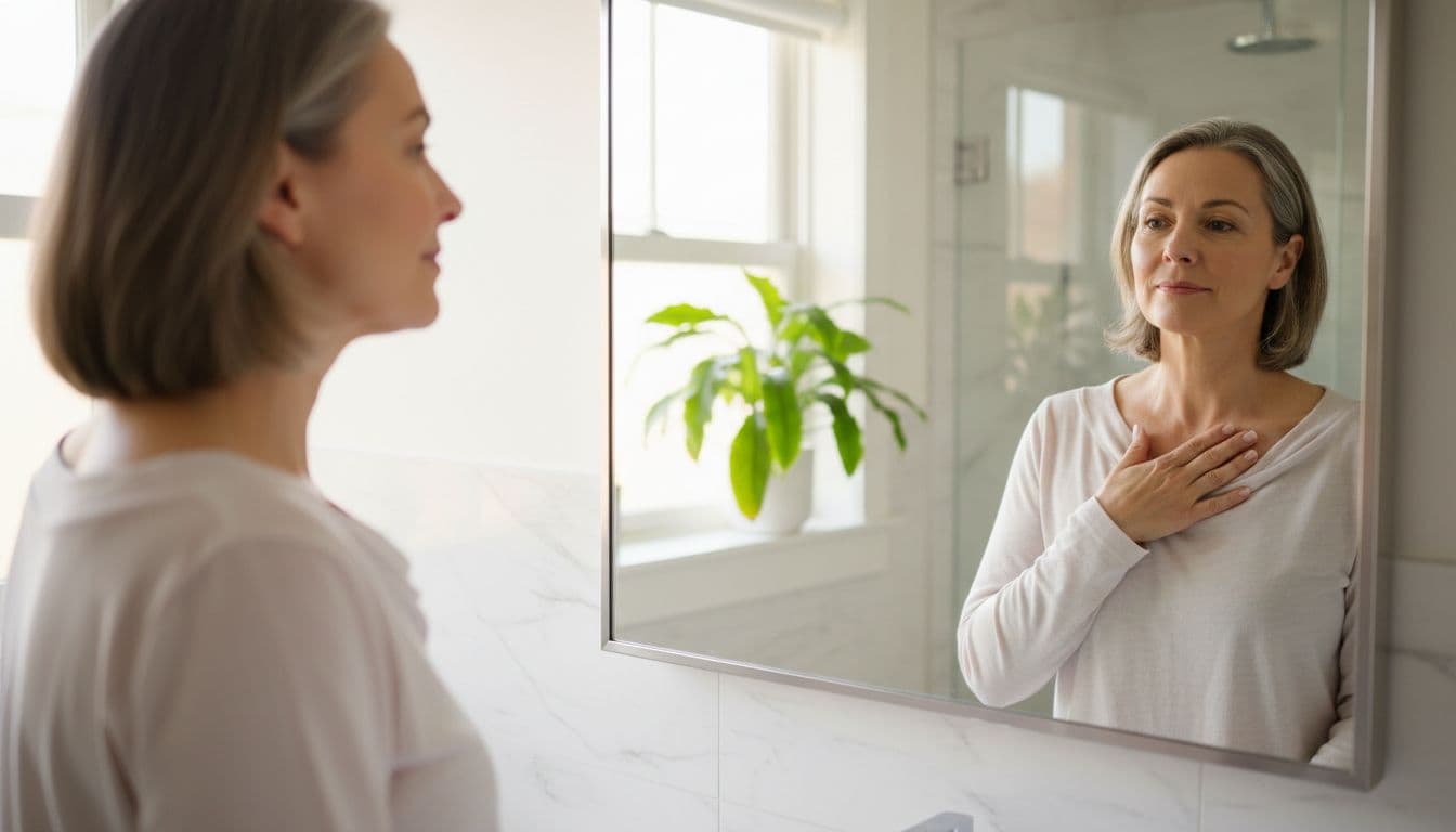 A middle-aged person stands relaxed in a sunlit home bathroom, gently placing fingertips on their upper chest to inspect a healed port site in front of a fog-free mirror.