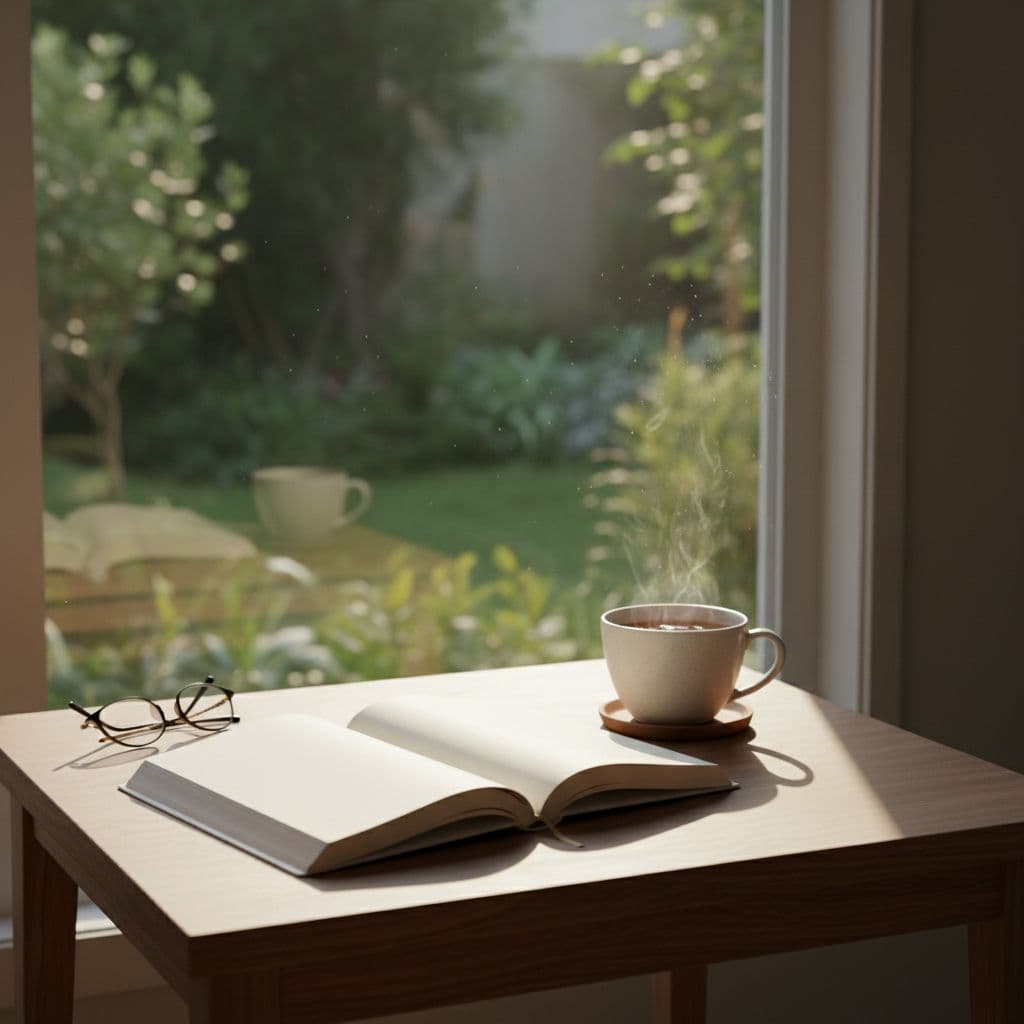 Simple home setup with an open journal on a wooden table next to a cup of tea and a window offering a green view, bathed in soft morning light, symbolizing daily reflection during recovery in a photorealistic still life.