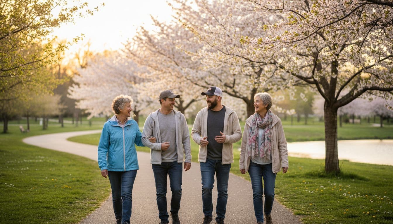 Four diverse cancer survivors walk smiling and talking on spring park path in soft daylight.
