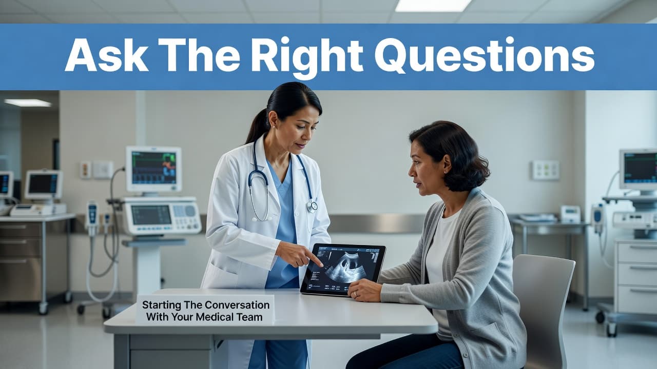 A physician points toward a tablet displaying fertility scan results while sitting opposite a patient in a bright exam room. A blue header containing text frames the top of the scene.