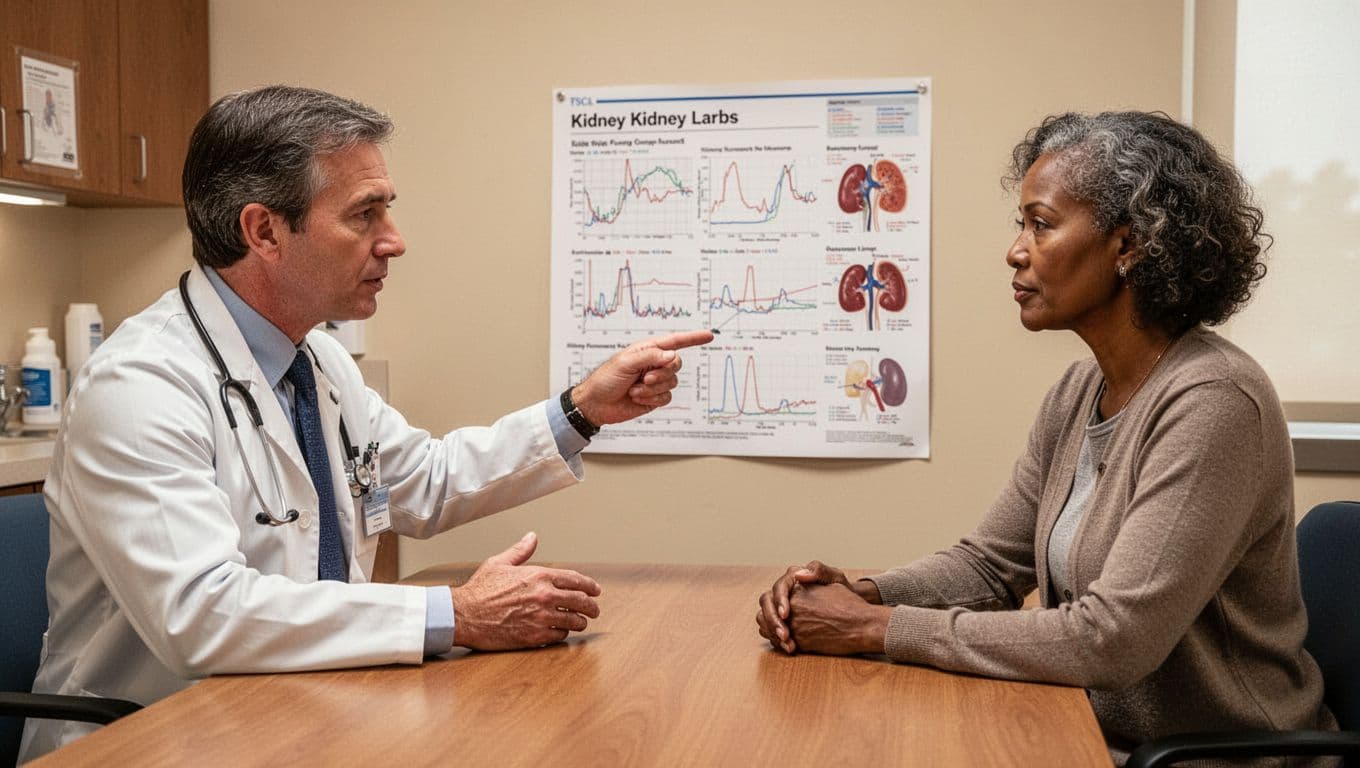 Immunotherapy Nephritis Signs and the Kidney Labs to Ask For 3 A doctor points to a chart displaying kidney function graphs while discussing results with an attentive cancer patient in a clinic room, under warm reassuring lighting.