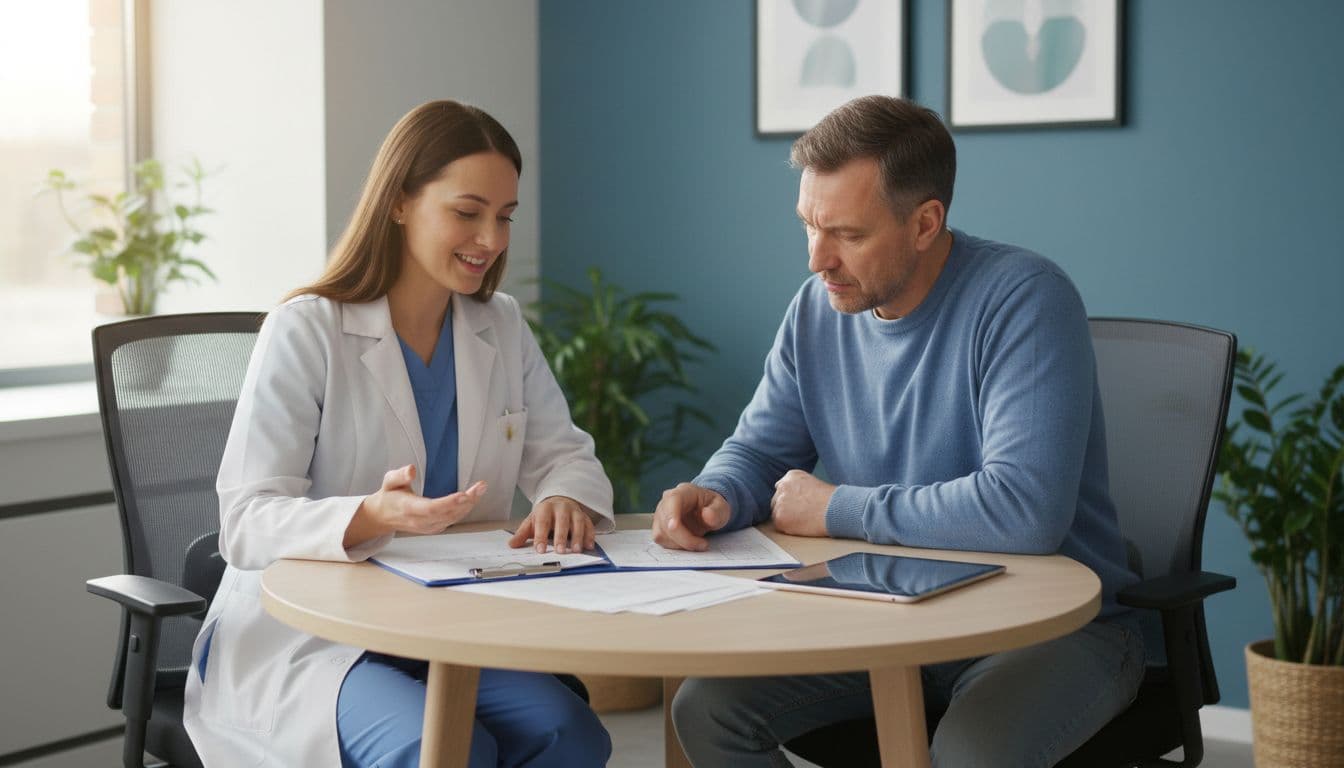 Doctor and patient seated at table in modern clinic room, discussing charts under window light.