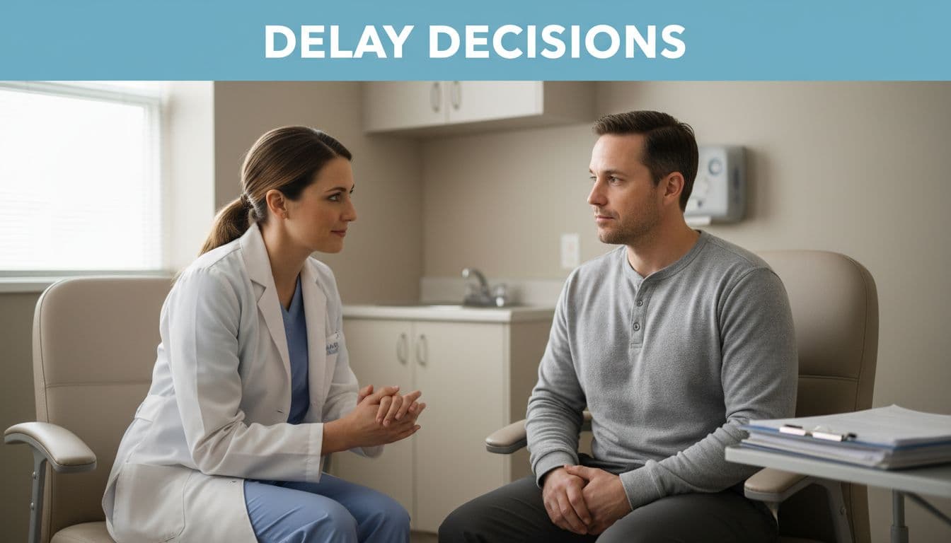 Doctor and patient calmly discuss in exam room with charts, blue 'Delay Decisions' banner above.