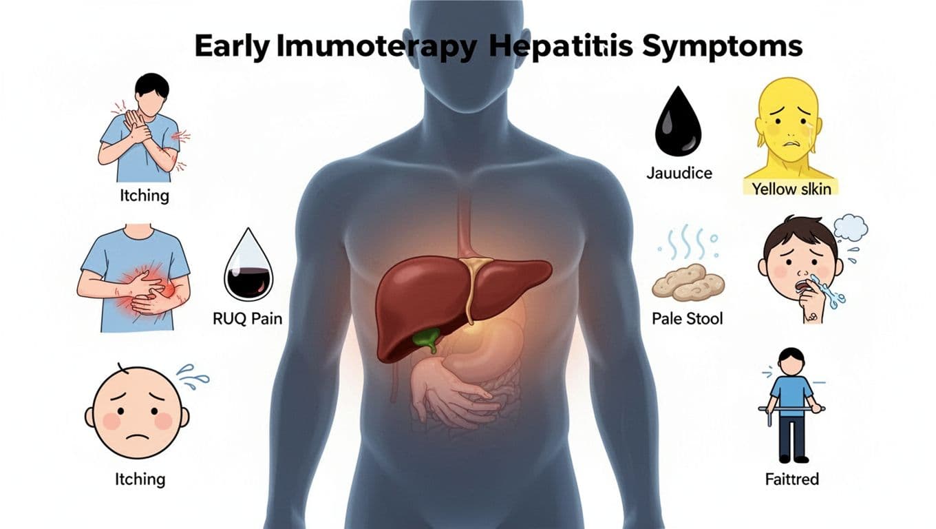A clean, patient-education medical infographic in flat vector style highlighting the liver in the human torso with icons for early symptoms of immunotherapy-induced hepatitis: itching, right upper quadrant pain, dark urine, pale stool, jaundice, nausea, and fatigue.