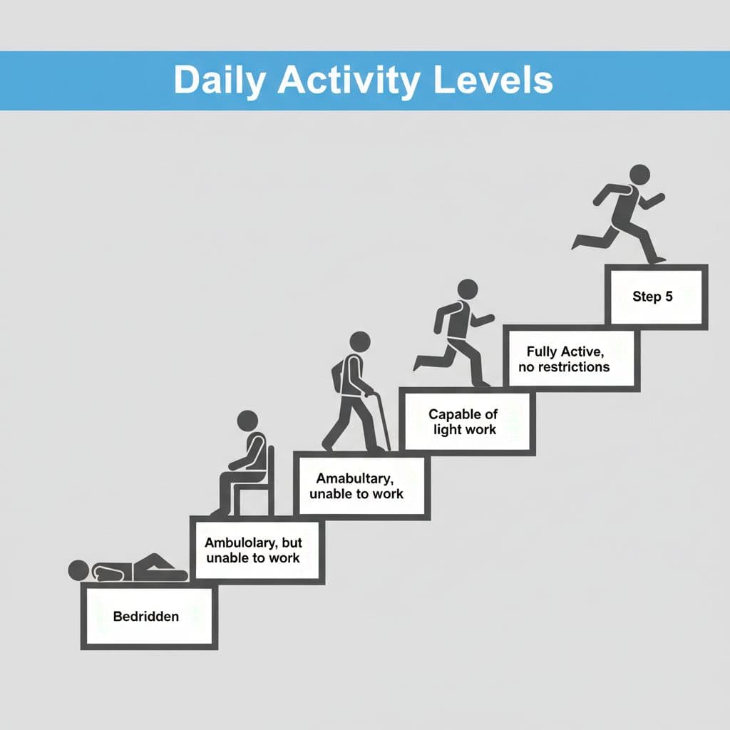A geometric staircase features five steps with figures representing increasing levels of patient daily activity.