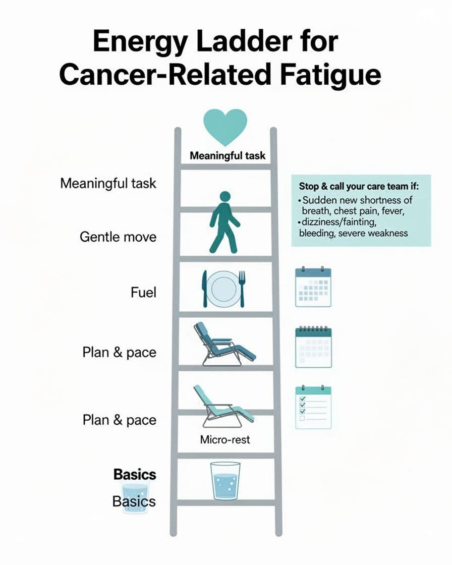 Minimalist flat vector infographic featuring a vertical ladder with six rungs for managing cancer-related fatigue, from Basics (water glass icon) at the bottom to Meaningful task (heart icon) at the top, using calming teal, light blue, and gray colors with a warning side box for serious symptoms.