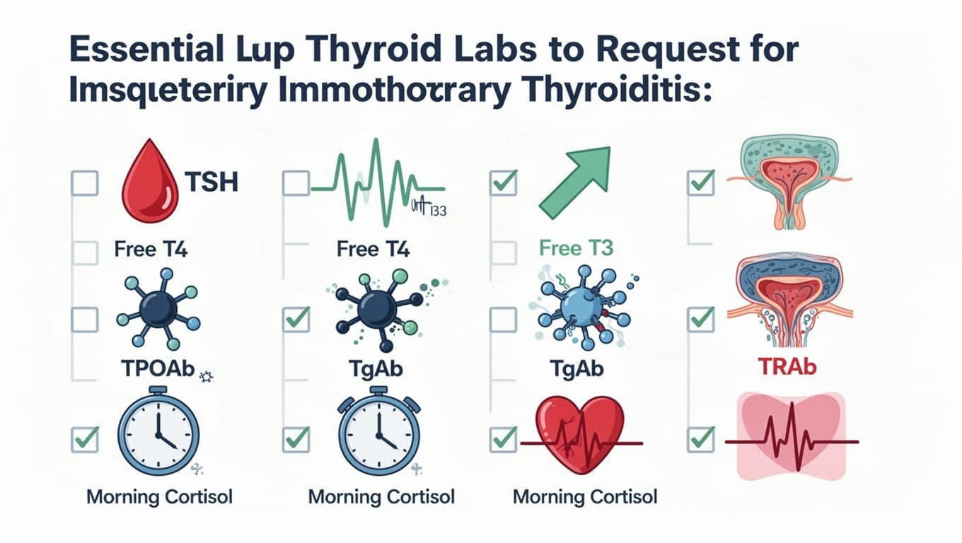 Clean clinically accurate flat vector medical infographic on white background with muted blues and greens, featuring checklist-style icons for TSH, Free T4, Free T3, TPOAb, TgAb, TRAb, morning cortisol, and ECG—no text, people, or watermarks.