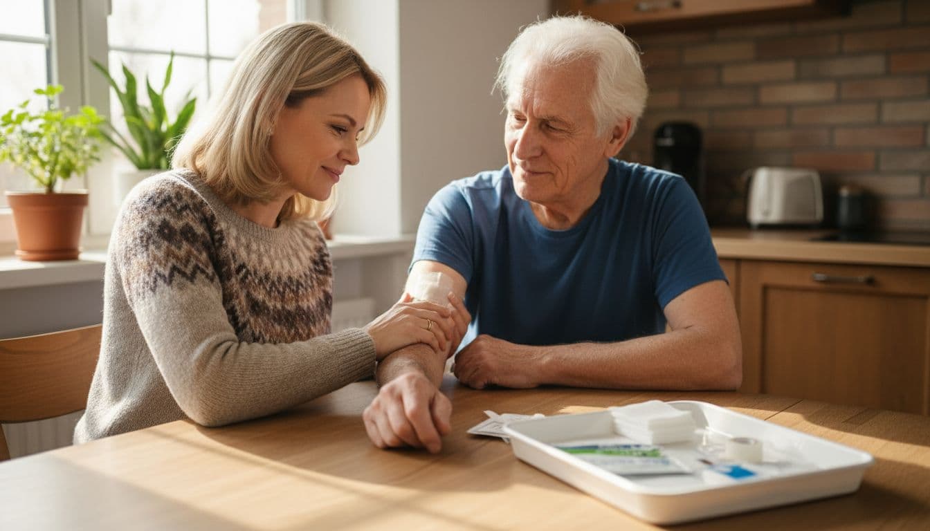 A family member helps another with PICC line care at a kitchen table, both smiling gently with organized supplies in a warm home interior under natural daylight.