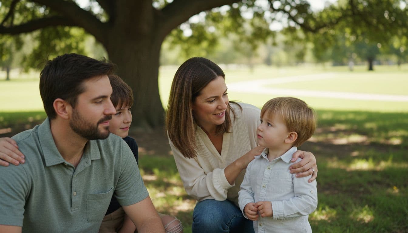 A family of four enjoys a sunny day in the park, with mother talking softly to her 5-year-old child while father and older sibling listen with natural, calm expressions of support.