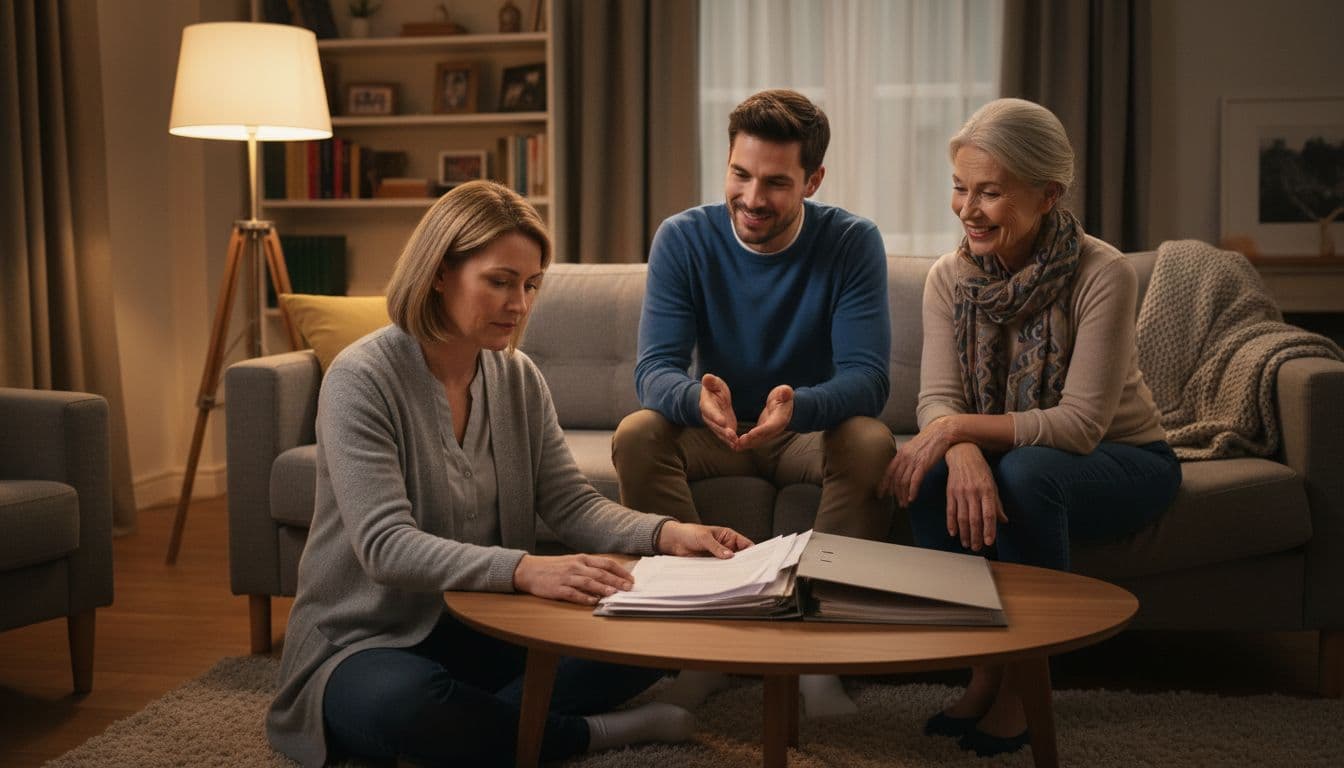 Diverse group of three adults in a comfortable living room; one reviews papers on the coffee table while others listen attentively with supportive expressions under cozy evening lamp light, evoking a hopeful mood of community help.