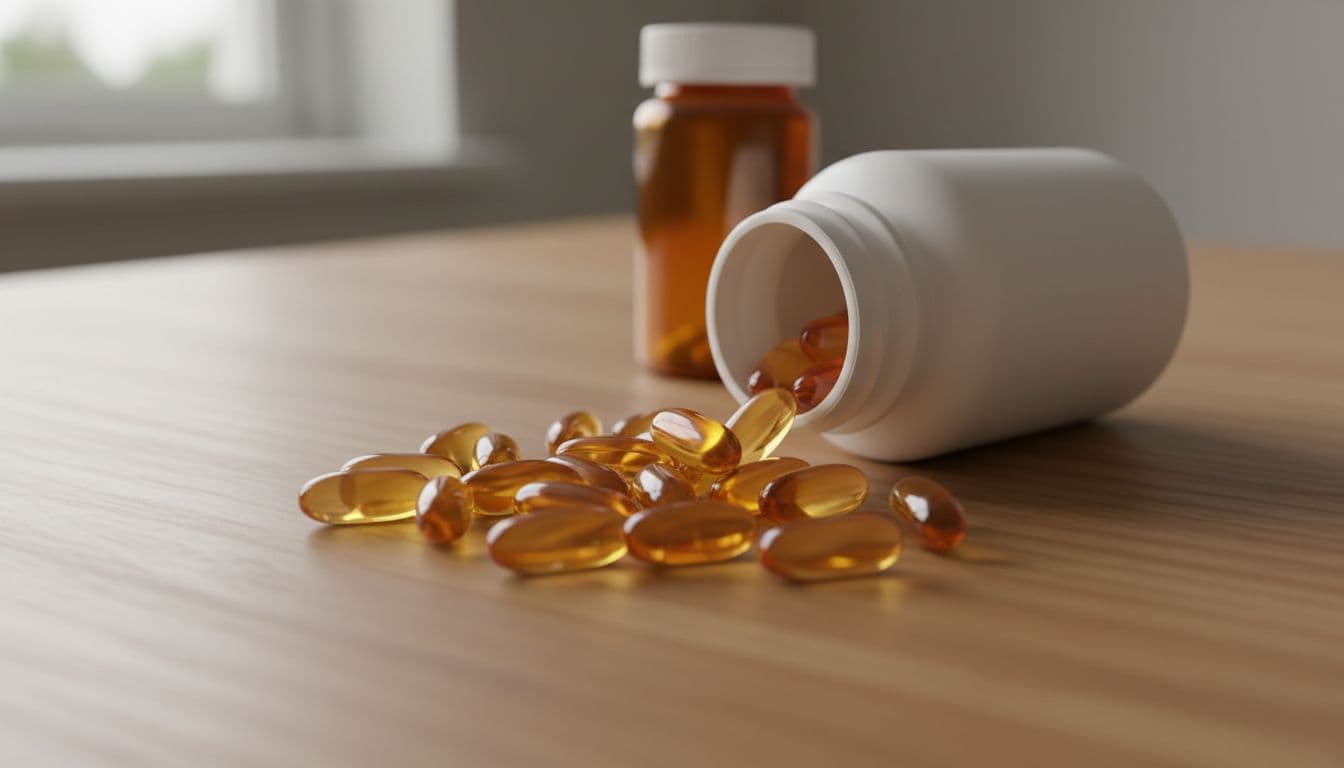 Supplements During Cancer Treatment That Can Raise Bleeding Risk 1 Fish oil capsules spilling out of an open white bottle on a smooth wooden table in a home setting with soft natural window light and a blurred prescription bottle nearby.