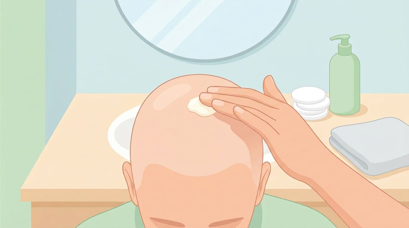 A hand gently applies fragrance-free lotion to a bald scalp in soft bathroom light at a simple home vanity with mirror and cotton pads nearby. Clean flat vector illustration in soft pastel tones with a medical educational vibe, no face or labels shown.