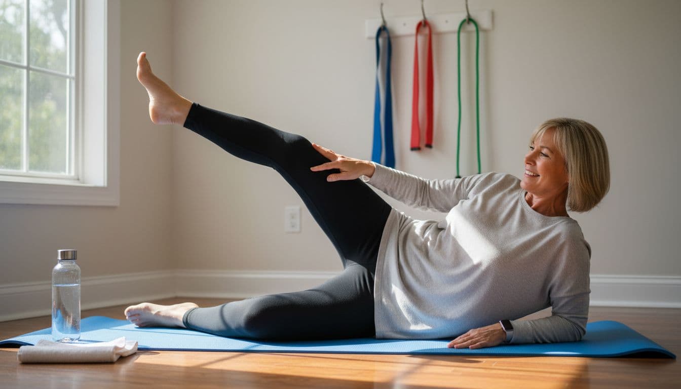 A middle-aged person in comfortable workout clothes performs gentle leg lifts on a mat in a sunny home therapy room, smiling with determination. Simple background features therapy bands and a water bottle under natural daylight.