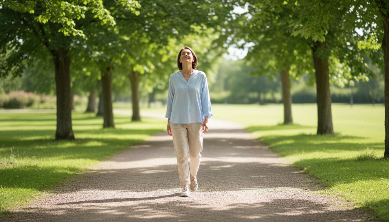 Person in casual attire walks slowly on daytime park path with trees in background.