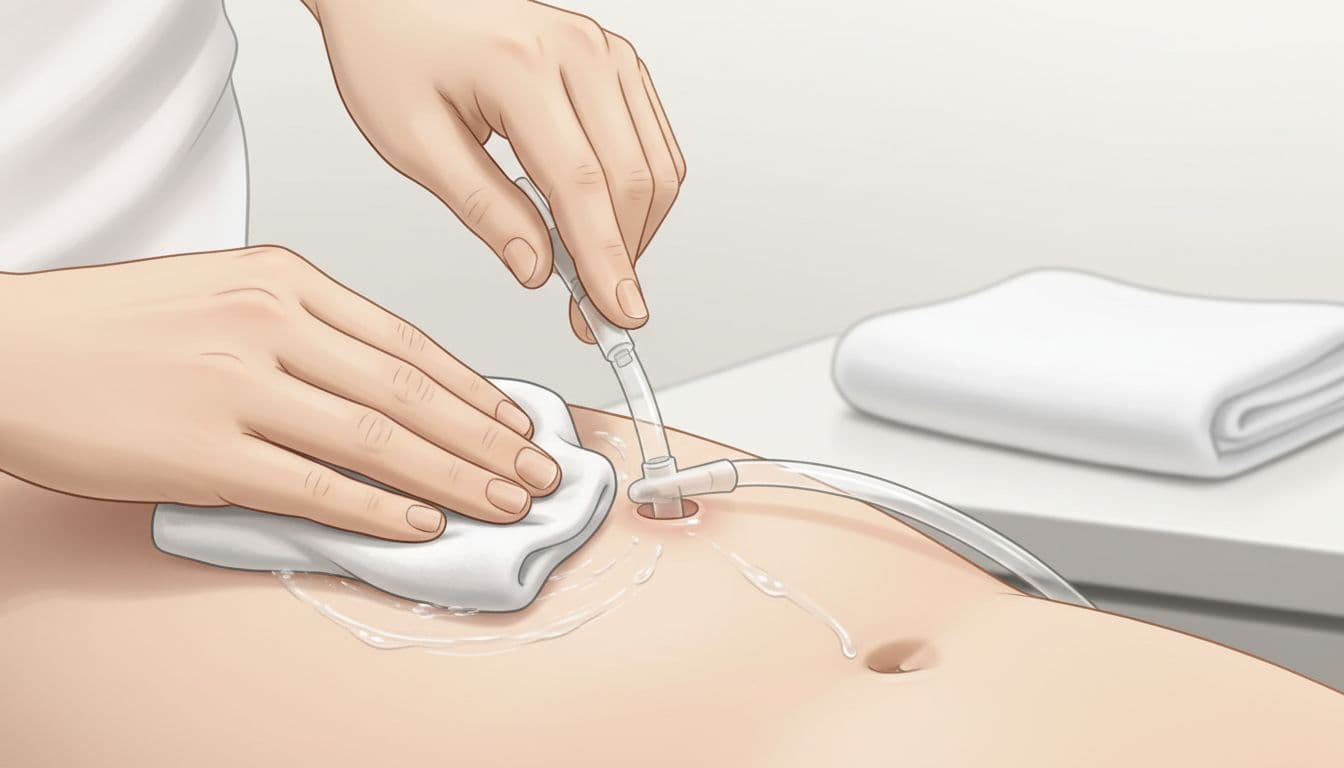 Gentle hands washing around a stomach feeding tube site on pale skin with mild soap and water, close-up view in a bright home bathroom, realistic medical illustration.