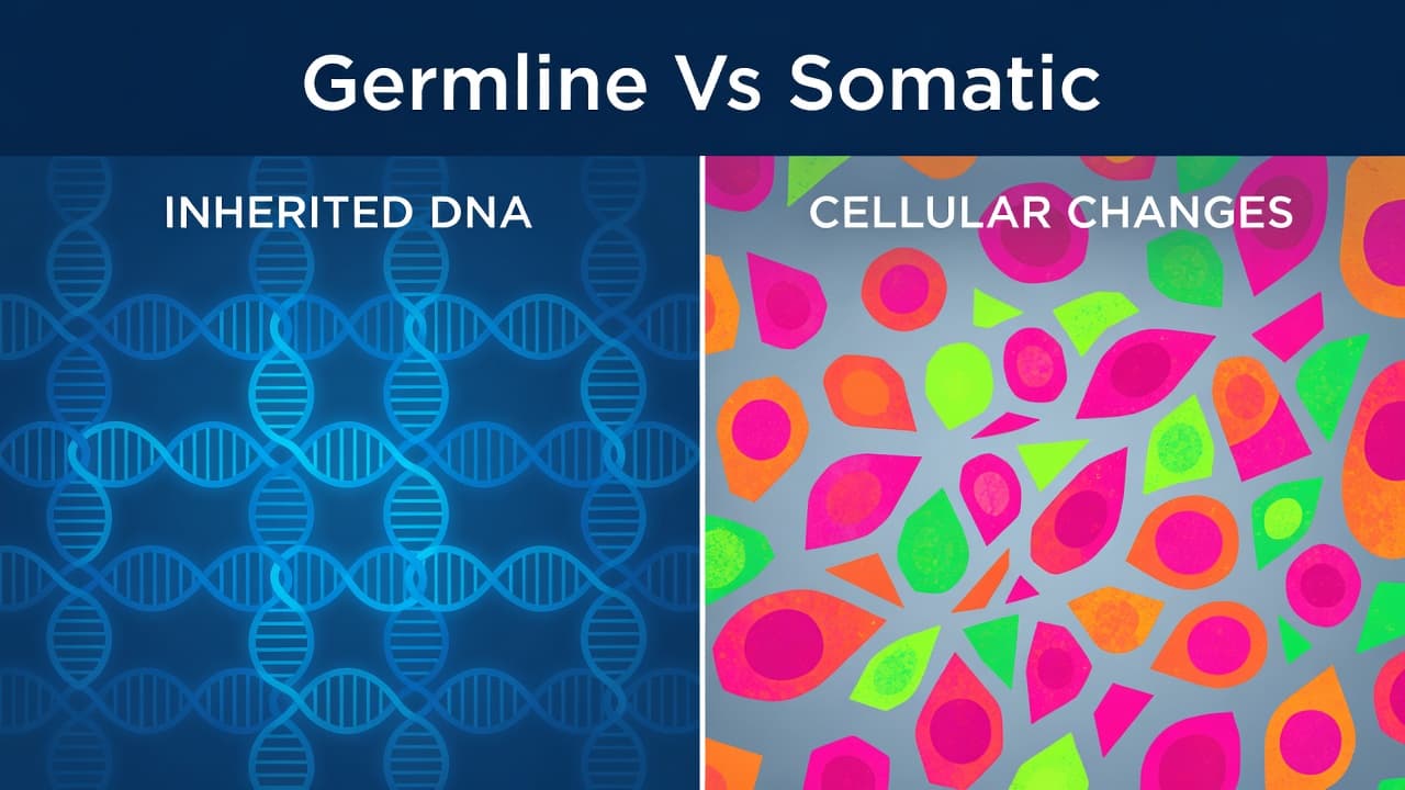Understanding Germline vs Somatic Mutations in Plain English 2 The composition features a split background divided by a blue horizontal header labeled Germline Vs Somatic. DNA strands flow across the left side while cellular geometric shapes populate the right half.