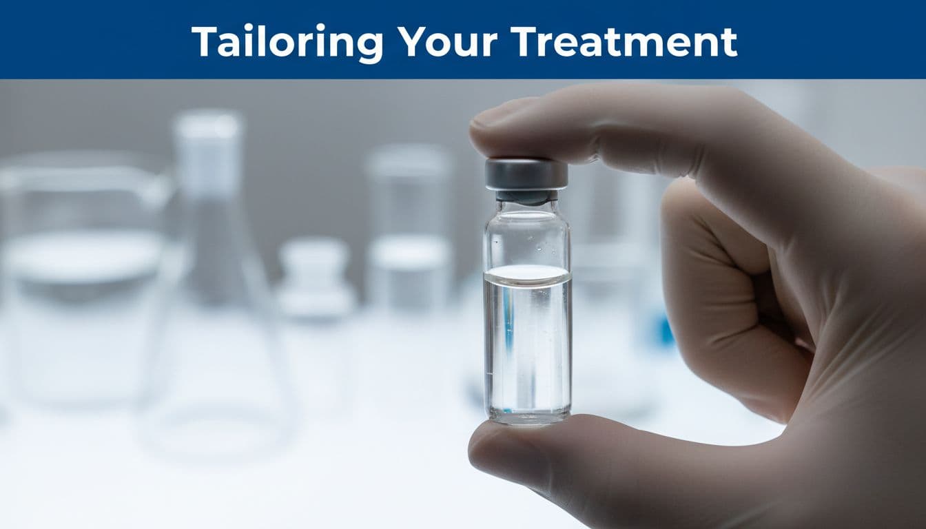Biomarker Testing Cancer, in Plain English 2 Close-up of medical hand holding clear vial on soft lab background with 'Tailoring Your Treatment' headline at top.
