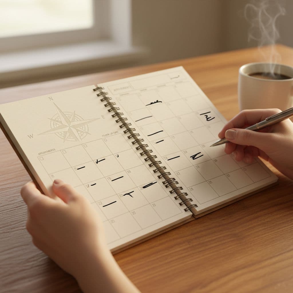 Two hands hold a calendar planner with checkmarks and notes on a wooden table beside a coffee mug.