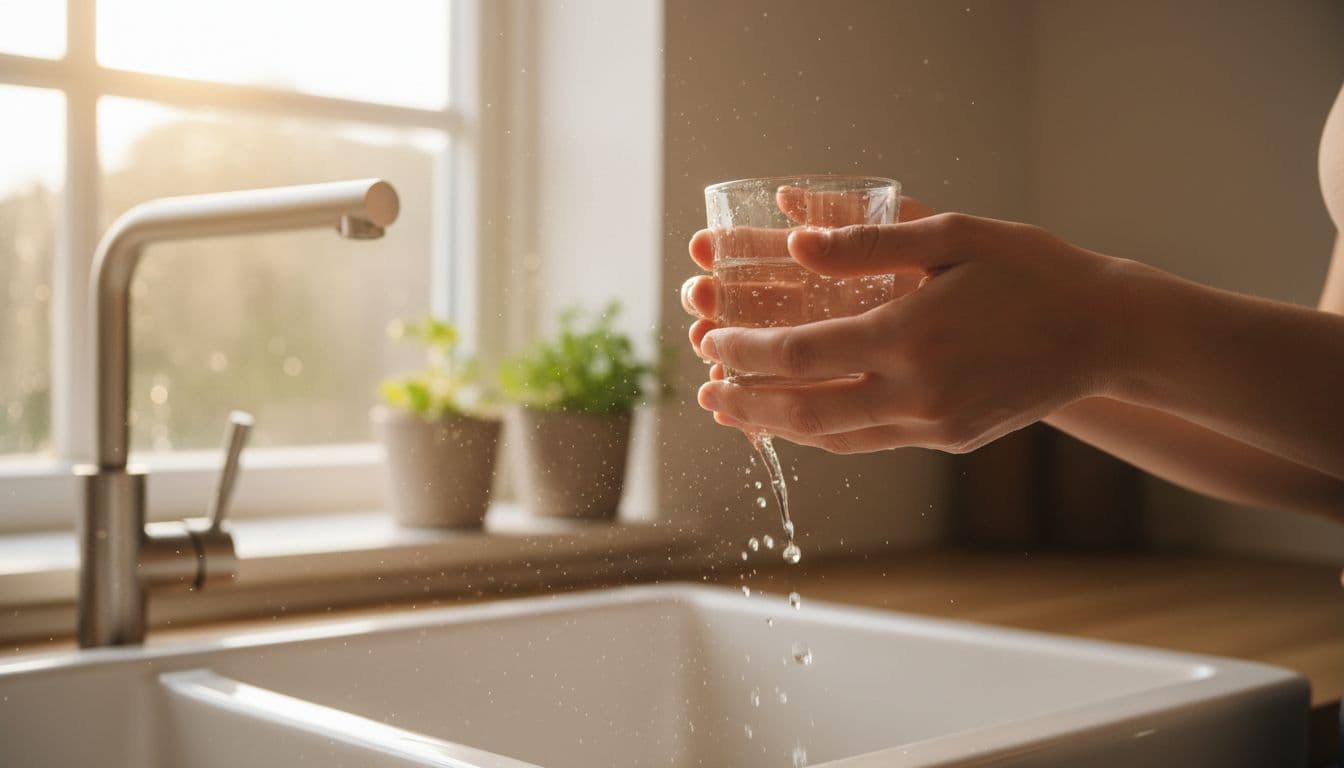 Soft realistic photo of two hands gently rinsing a mouth with saltwater in a home kitchen, illuminated by warm natural window light, focusing on the soothing remedy action.