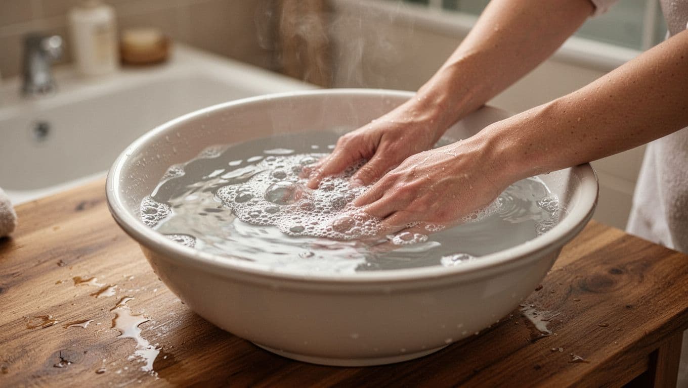 Close-up composition of two hands gently soaking in a basin of warm water on a wooden table, with bubbles on the surface and a blurred cozy bathroom background under soft lighting.
