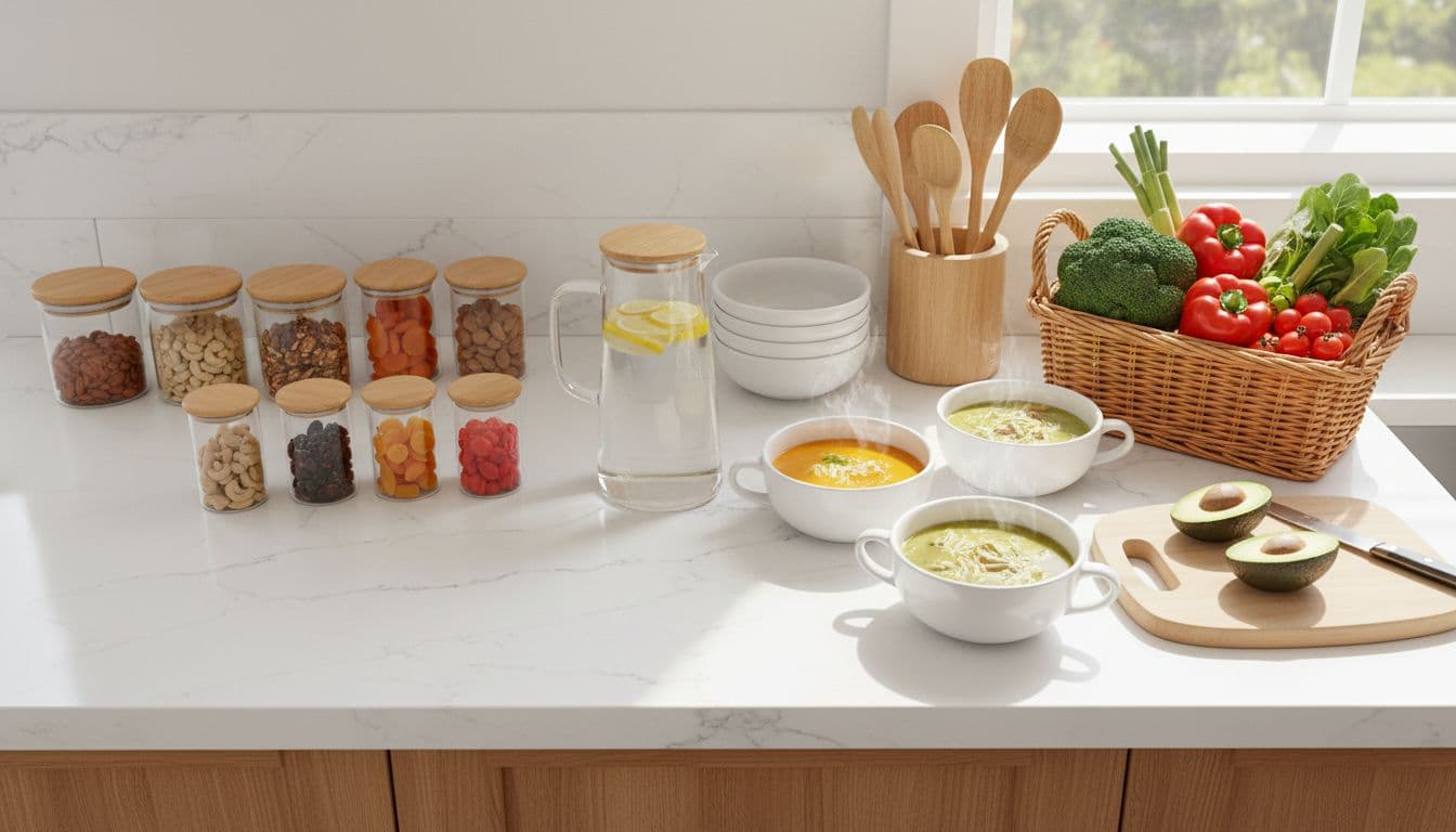 How to Prepare Your Home Before Chemotherapy Starts Without Overwhelm 2 Clean top-down view of a modern kitchen counter stocked with easy-to-prepare healthy foods including fruits, vegetables, nuts, soups, and water pitcher, ideal for cancer patients before chemotherapy.