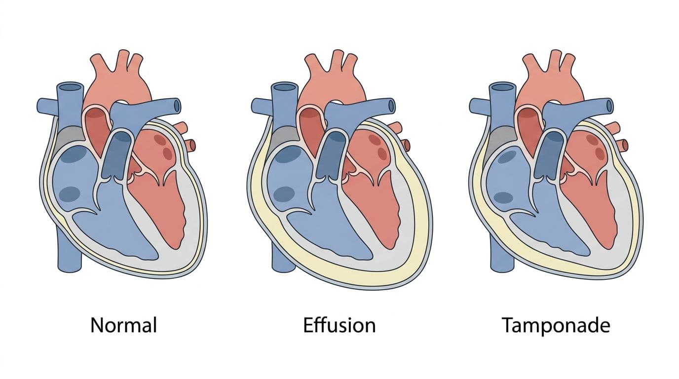 Vector flat design infographic showing cross-sectional heart: normal pericardium, pericardial effusion, and tamponade. Neutral colors, simple labels, high readability, landscape format on white background.