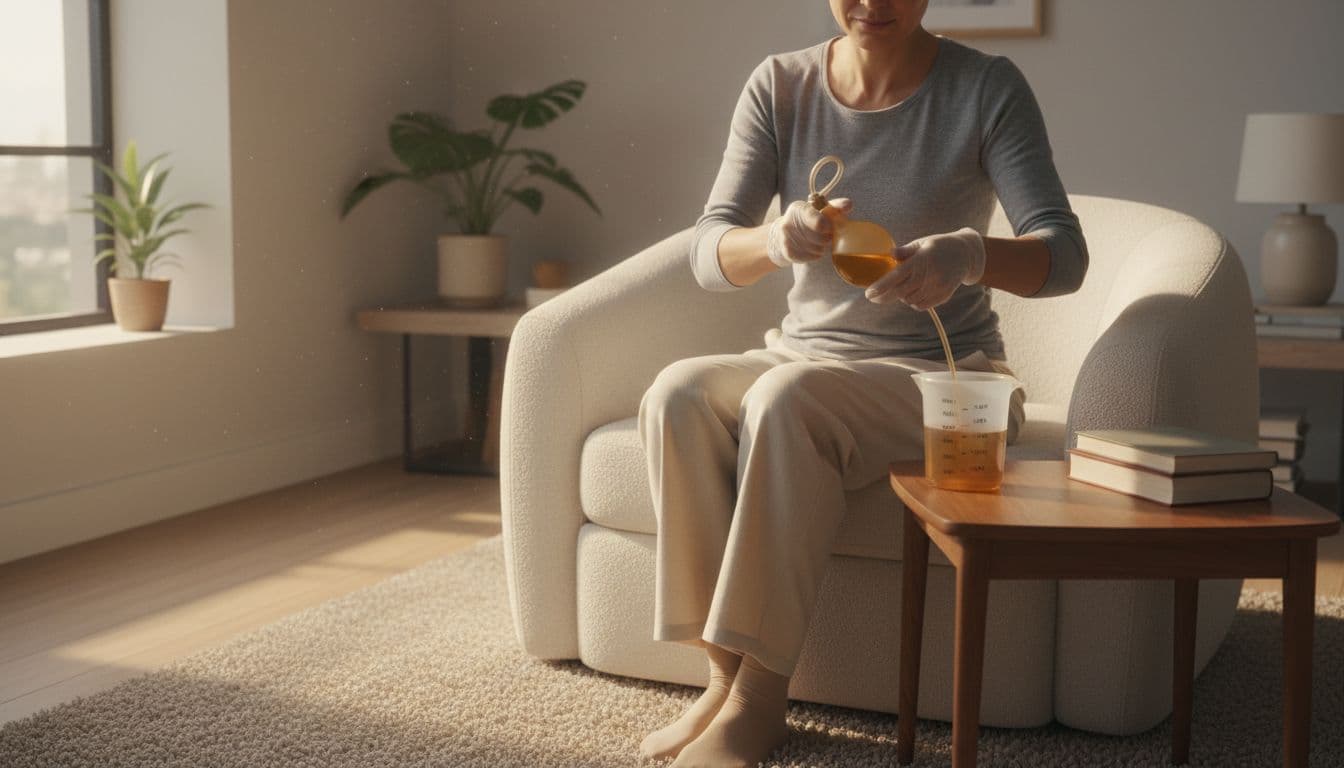 A calm person sits in a comfortable chair at home, emptying a JP drain bulb into a measuring container on the table with clean gloved hands, in a simple living room with soft daylight.