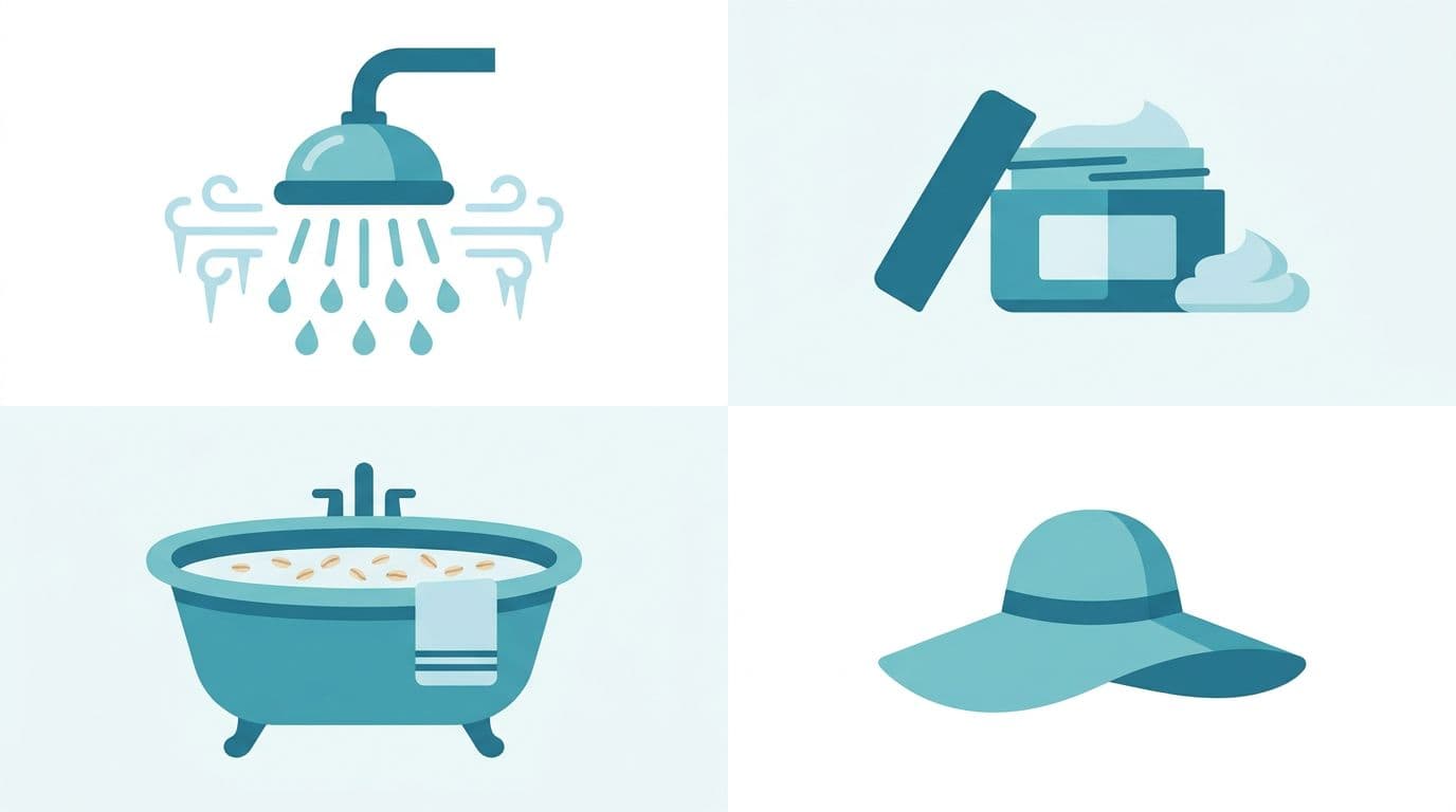 Flat vector icons for a home relief plan including a cool shower, moisturizer jar, oatmeal bathtub, and sun hat, in a calming blue teal palette on white background with modern minimal style and clear spacing.