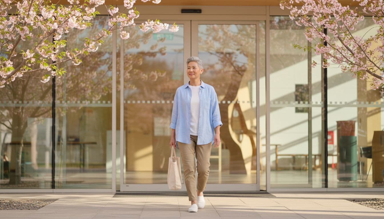 Diverse patient walks out of modern cancer clinic entrance carrying small bag, smiling hopefully with trees in spring daylight background.
