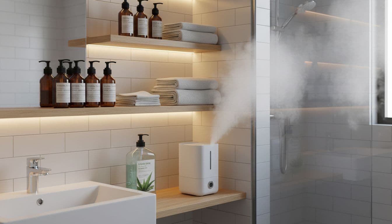 How to Prepare Your Home Before Chemotherapy Starts Without Overwhelm 3 Neat bathroom setup for hygiene during chemotherapy with organized shelves of gentle soaps, towels, hand sanitizer, and a running humidifier on clean white tiles. Soft steam from the shower creates a serene spa-like feel with warm lighting.