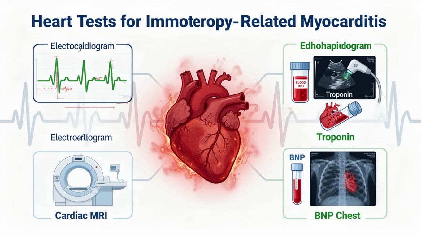 Clean, non-graphic medical infographic illustration showing key heart tests for immunotherapy-related myocarditis, including ECG, Troponin, echocardiogram, cardiac MRI, BNP, and chest X-ray icons around a central stylized heart.