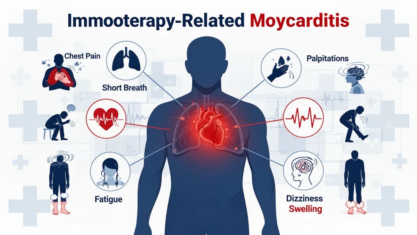 Clean, non-graphic medical infographic in landscape format illustrating signs of immunotherapy-related myocarditis, featuring a stylized human torso with a glowing heart and callouts for chest pain, shortness of breath, palpitations, fatigue, dizziness, and swelling.