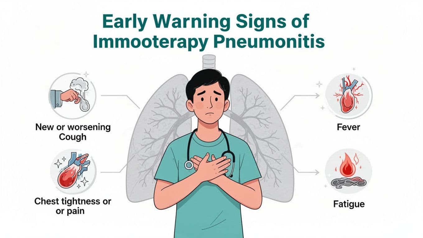 Patient-education medical infographic in modern flat design highlighting early warning signs of immunotherapy pneumonitis, including icons for new or worsening cough, shortness of breath, chest tightness or pain, fever, and fatigue, with a central thoughtful adult patient holding their chest against a subtle lungs outline on a white background.