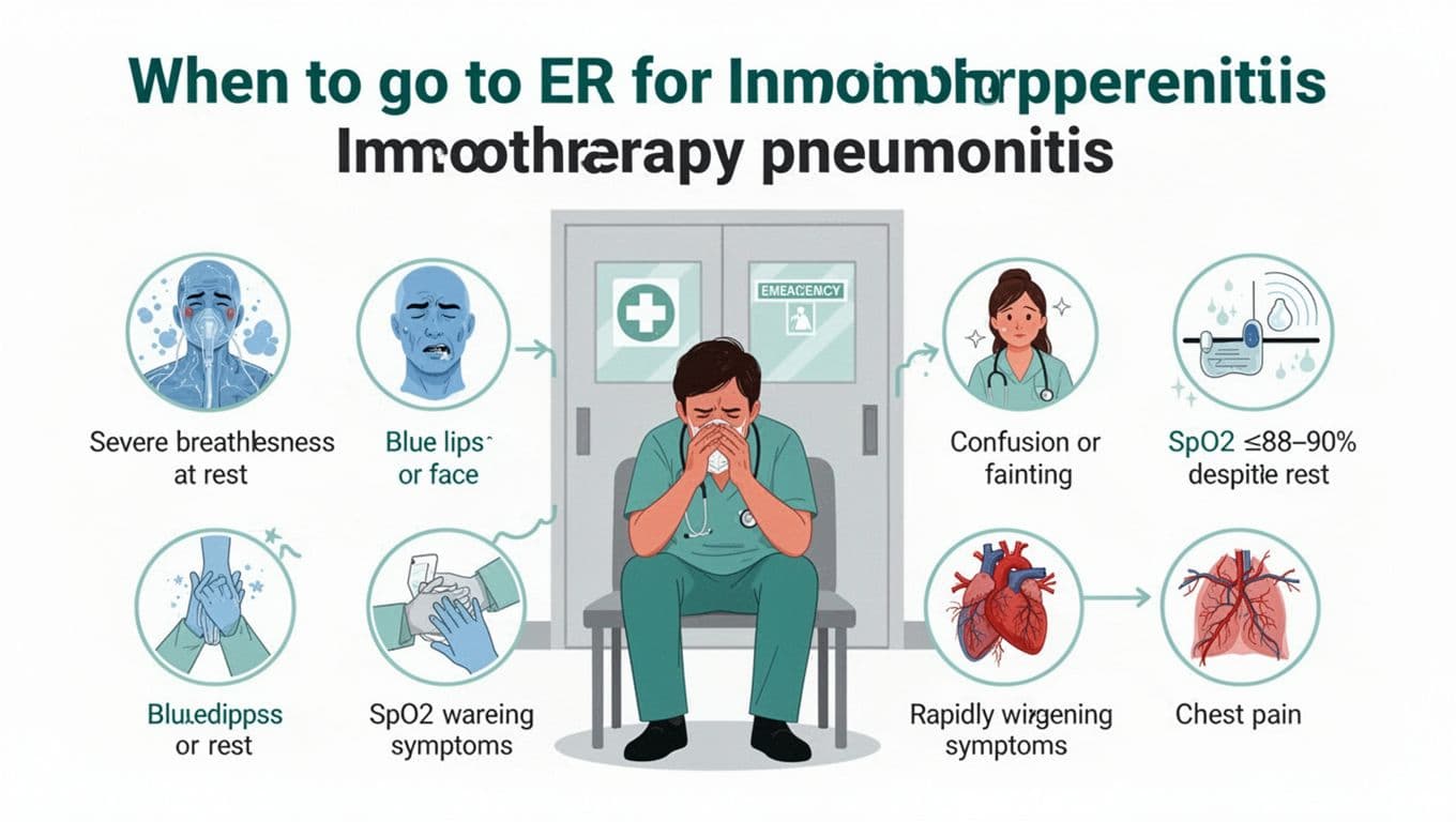 Patient education infographic in flat design highlighting critical symptoms requiring emergency room visit for immunotherapy pneumonitis, such as severe breathlessness, low oxygen saturation, and chest pain.