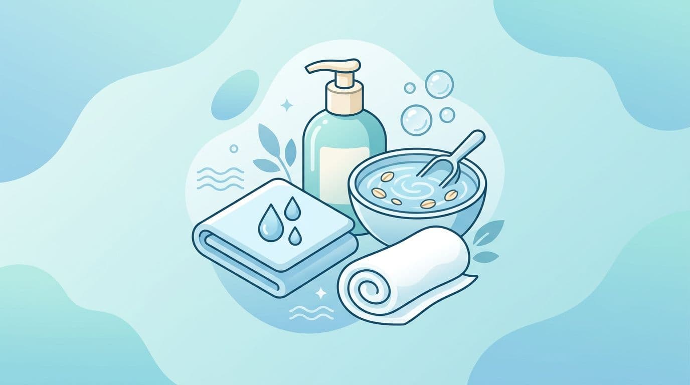 Minimal vector illustration of soothing skin care elements for immunotherapy rash relief, featuring lotion bottle, cool compress, oatmeal bath, and cotton cloth in calming blues and teals.
