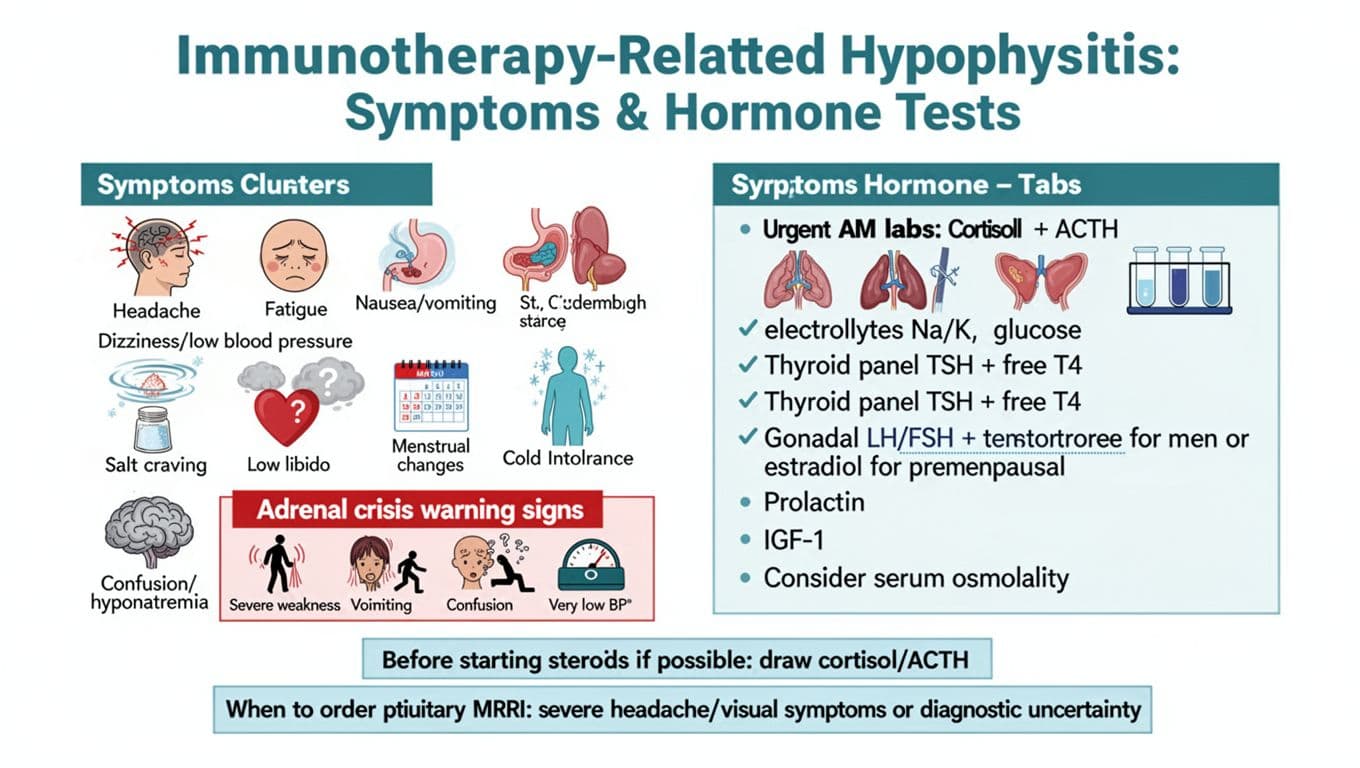 Immunotherapy Hypophysitis Symptoms and the Hormone Tests to Ask For 2 Clean vector infographic on white background with teal/blue accents, illustrating symptoms clusters including headache, fatigue, adrenal crisis warnings, and urgent hormone lab checklists like cortisol, ACTH, electrolytes for immunotherapy-related hypophysitis.