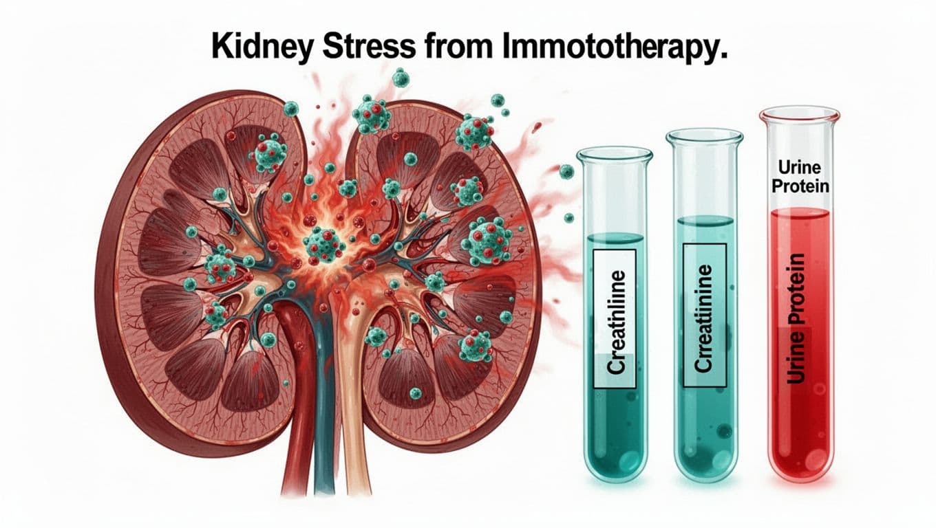 Immunotherapy Nephritis Signs and the Kidney Labs to Ask For 1 Clean medical illustration showing a cross-section of a human kidney with inflammation and immune cells attacking due to immunotherapy, next to lab test tubes indicating creatinine and urine protein levels. Educational diagram style with high contrast in teal and red tones on a white background.