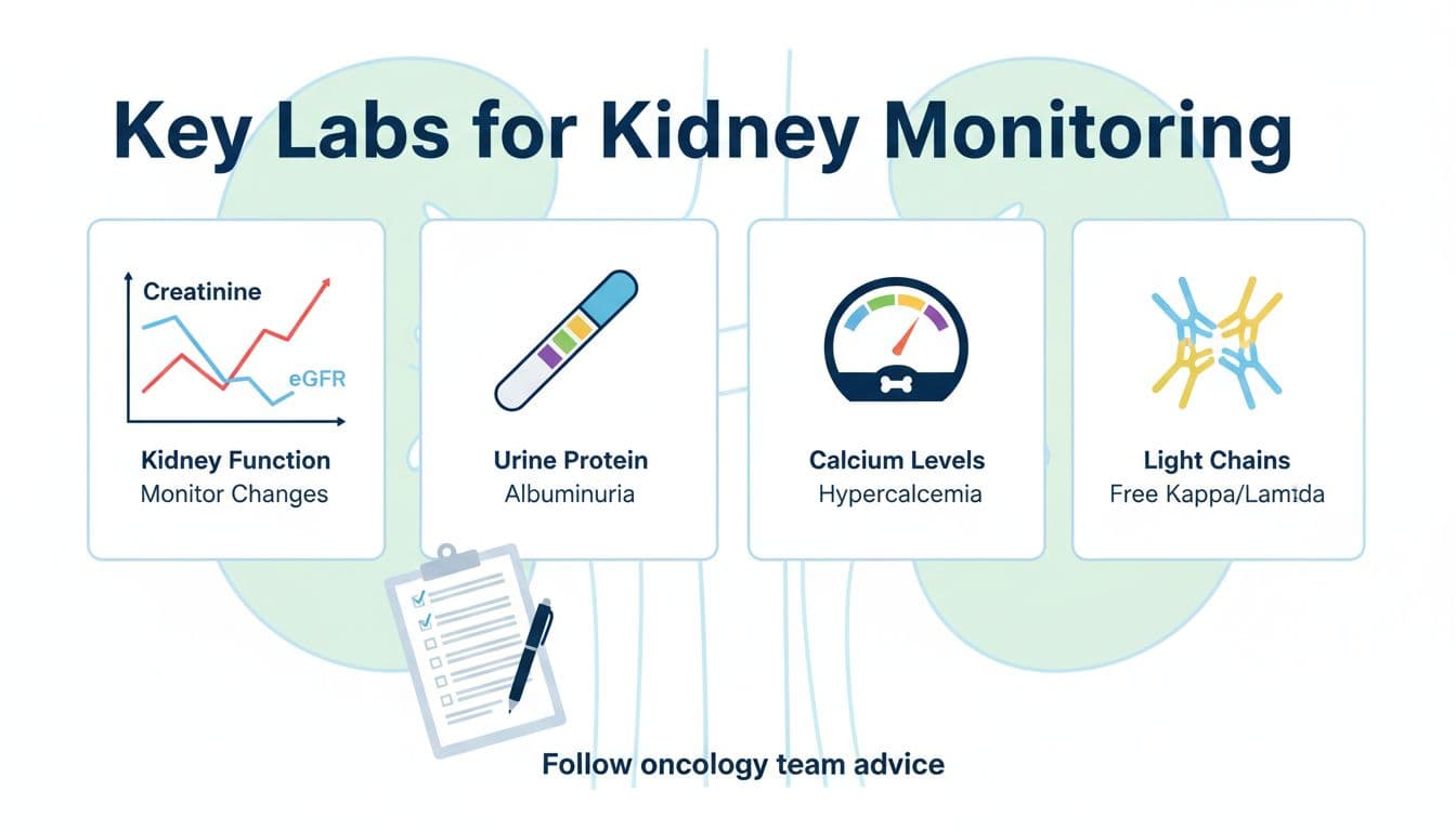 Infographic illustrating key labs to monitor kidney health in multiple myeloma patients, featuring creatinine/eGFR graph, urine protein test, calcium levels, light chains icons, lab clipboard, and subtle kidney background in flat vector style.