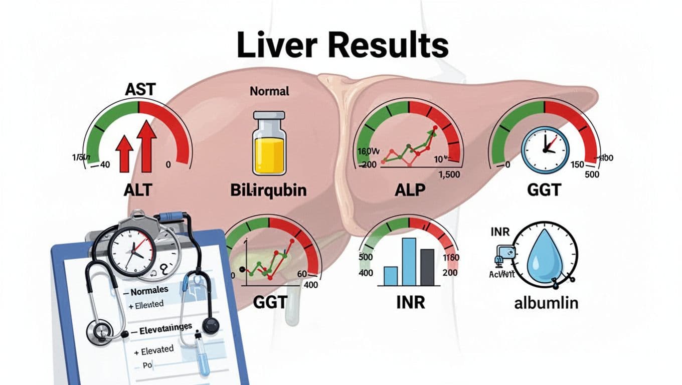 Clean flat vector medical infographic displaying key liver tests: ALT and AST, bilirubin, ALP, GGT, INR, albumin with color-coded gauges for normal (green) and elevated (red) ranges on a doctor's clipboard against a subtle liver outline.