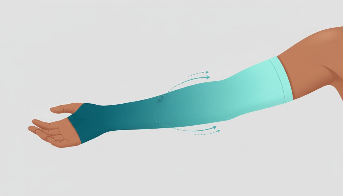 Clean medical illustration depicting basics of compression therapy for lymphedema post-cancer surgery, showing a human arm in a compression sleeve with pressure gradient illustrated via color shading.