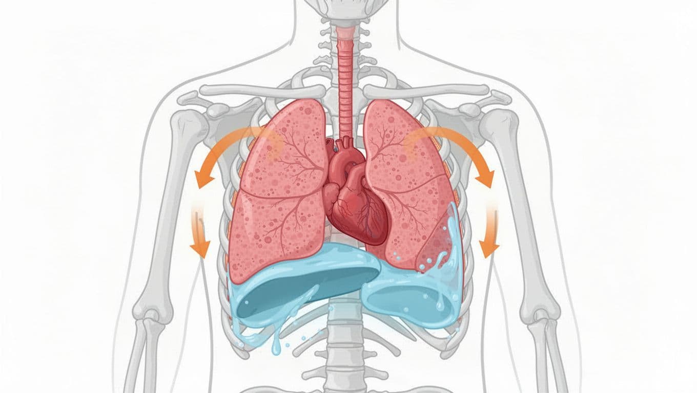 Malignant Pleural Effusion in Cancer: The Shortness-of-Breath Pattern, Sleeping Positions That Help, and When to Go In 1 Clean, patient-education cross-sectional diagram of the human thorax in side view, showing pleural space filled with fluid compressing one lung, in modern flat design with subtle 3D shading.