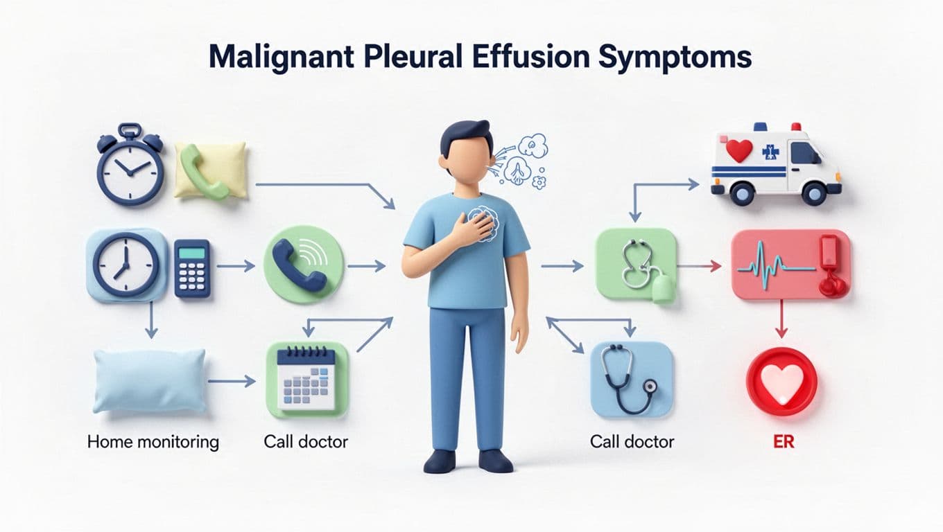 Malignant Pleural Effusion in Cancer: The Shortness-of-Breath Pattern, Sleeping Positions That Help, and When to Go In 3 Clean patient-education illustration of a flowchart for malignant pleural effusion symptoms, featuring a central patient silhouette branching to home monitoring, call doctor, or ER with essential icons only.