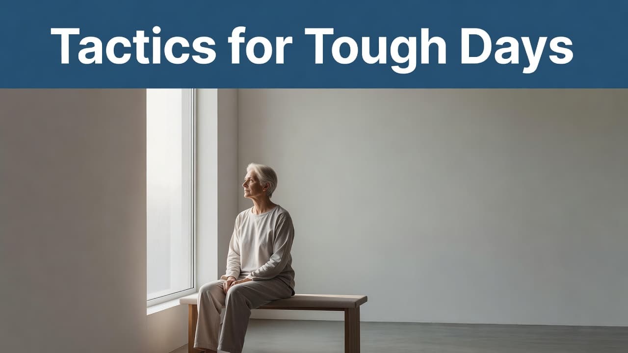 Tactics for Tough Days During Cancer Treatment 2 A person sits quietly by a bright window, bathed in soft, natural light to reflect inner endurance. A bold blue header with white text identifies the theme of personal health tactics.