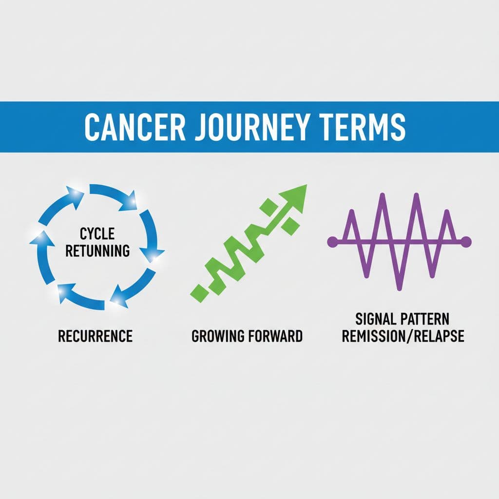 Recurrence, Progression, and Relapse in Plain English 2 Three abstract geometric lines depict varying medical outcomes on a soft gray backdrop. A bold blue header clearly labels the infographic, explaining distinct patient experiences through stylized cycles and progressive signals.