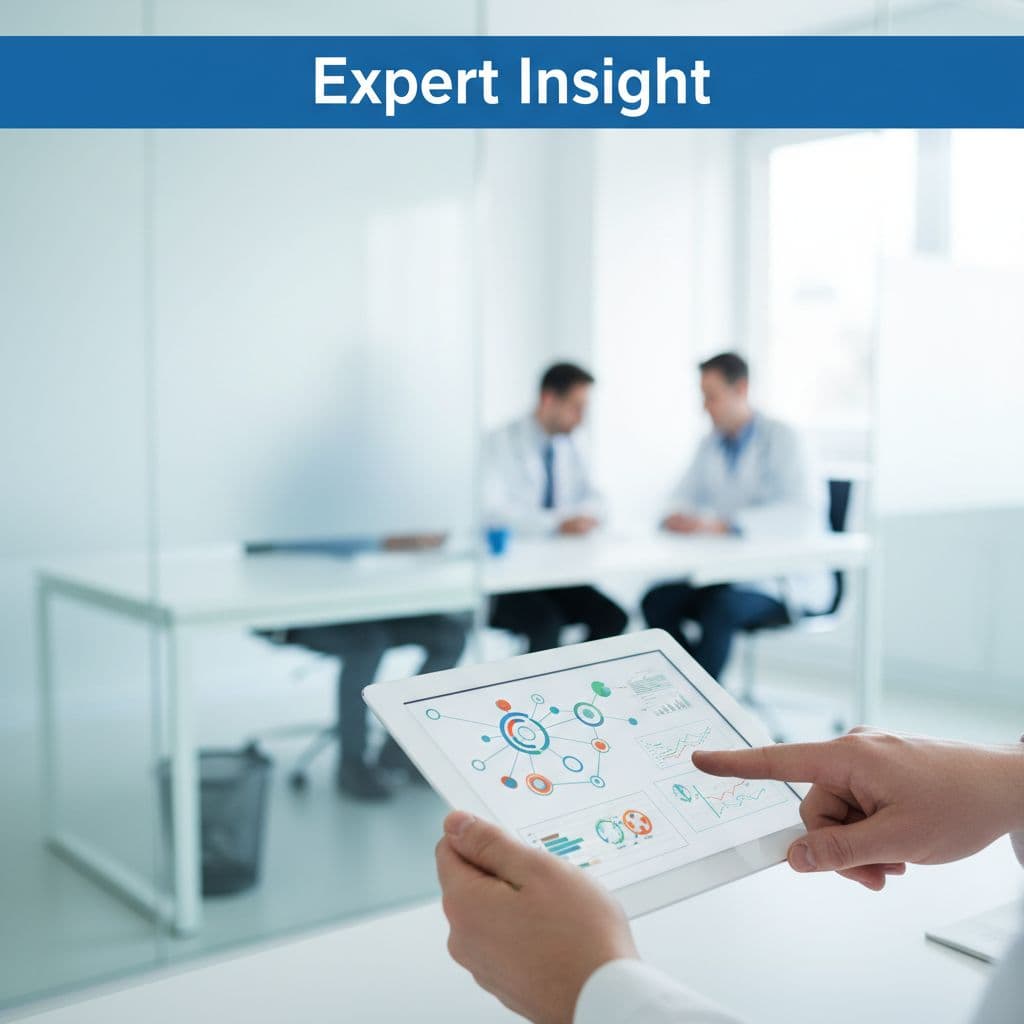 Tumor Board Explained in Plain English 3 A digital tablet displaying intricate medical scans rests in the foreground of a brightly lit clinic. In the background, soft-focus office elements create a professional atmosphere focused on collaborative clinical decision-making.