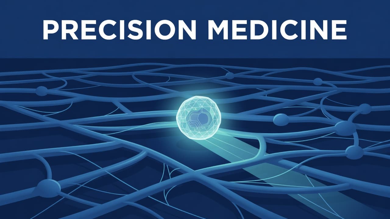 A single glowing, engineered cell navigates through a complex blue biological environment. The top of the image features a bold, solid horizontal band containing the white text Precision Medicine.