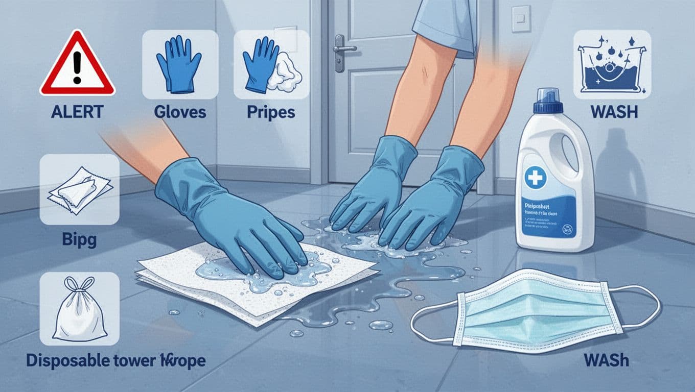 Oral chemotherapy at home, safe handling, storage, and what to do after a spill 4 Detailed flat medical-style illustration showing spill cleanup with disposable towels absorbing liquid, nearby gloved hands, mask, detergent bottle, and simple icons for safety steps like alert, gloves, wipe, bag, wash in a neutral blue-toned room.