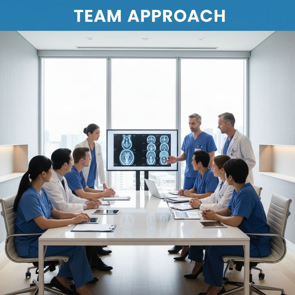Tumor Board Explained in Plain English 2 Diverse doctors and specialists sit around a glass conference table in a bright, modern room. A bold blue header reading Team Approach appears at the top of the crisp professional frame.
