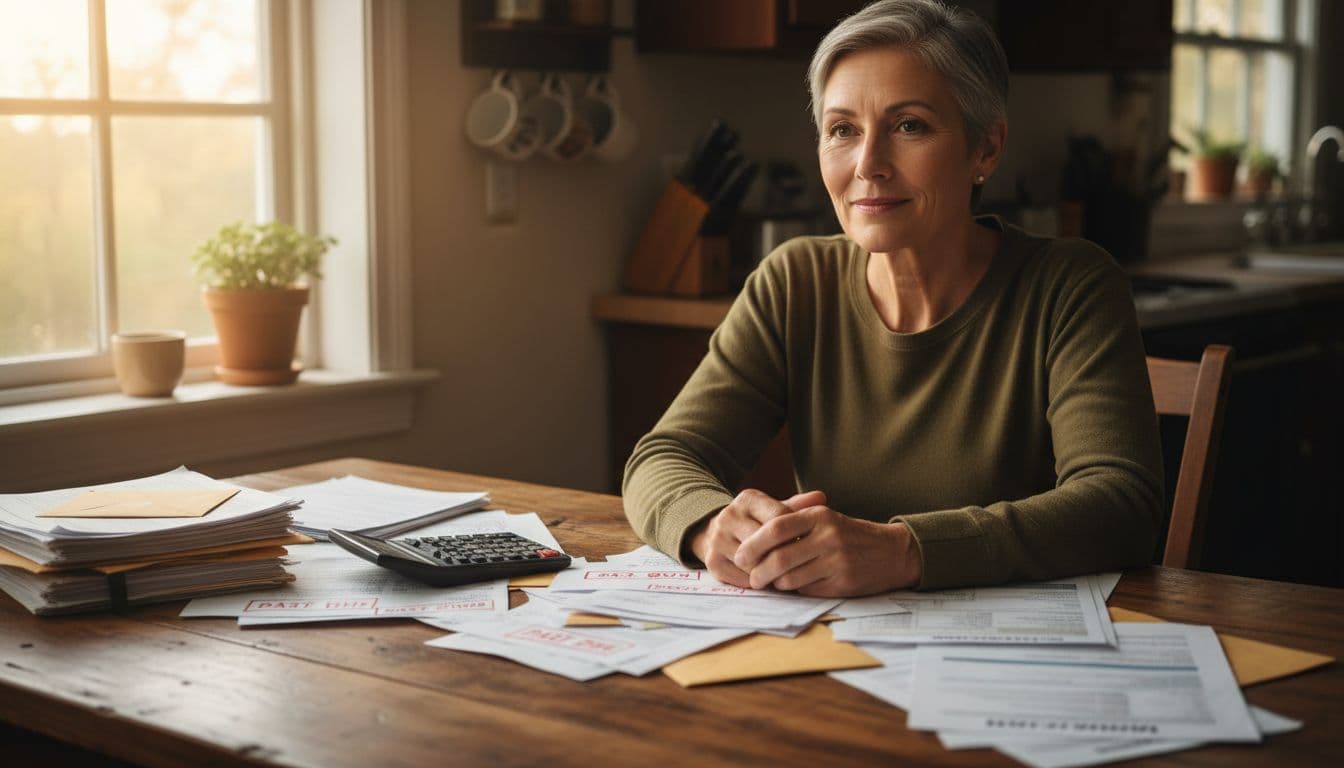 Middle-aged adult sitting alone at wooden kitchen table scattered with medical bills, insurance statements, and calculator; soft morning light illuminates face showing quiet resolve and courage.