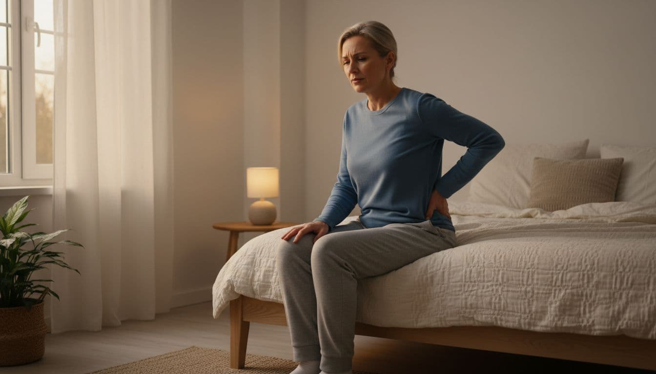 Middle-aged adult in home clothes sits on bed edge, gently rubbing lower back with subtle pained expression in softly lit bedroom.
